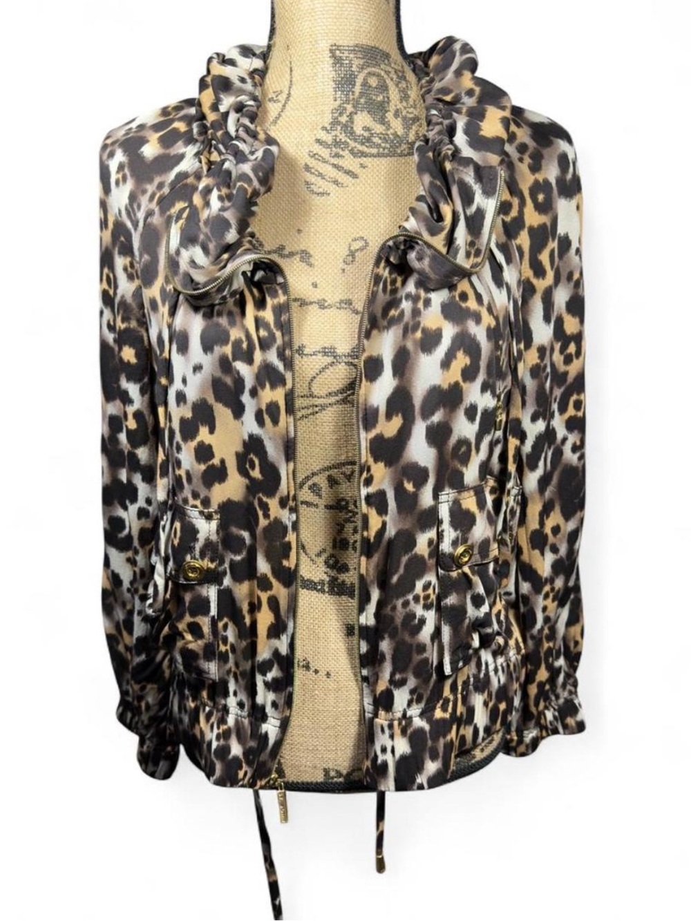 St. John Size S 93% Silk Leopard Print Zip-Front Jacket Gold Hardware Designer